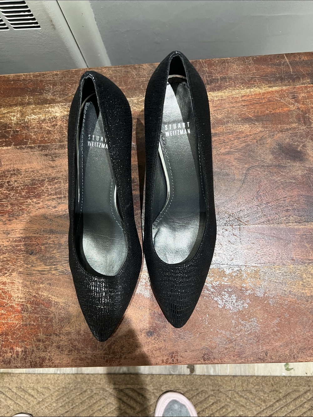 Stuart Weitzman Black Textured Pointed Toe Pumps